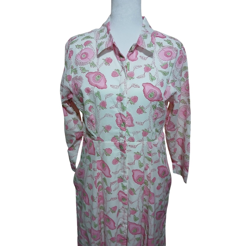 Julia Amory Pink Poppy Strawberry Block Print Cotton Shirt Dress Maxi Medium NWT - Picture 3 of 14